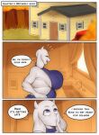  anthro big_breasts big_ears boss_monster bovid breasts caprine chubby_female clothed clothing comic detnox dialogue dress eyes_closed female goat hi_res mammal purple_eyes side_boob skimpy smile solo speech_bubble toriel undertale undertale_(series) video_games white_body 