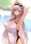 1girl algerie_(azur_lane) alternate_costume arm_behind_head arms_up azur_lane blurry blurry_background breasts covered_nipples drill_hair eyewear_on_head grey_hair large_breasts long_hair looking_at_viewer mole mole_under_eye multicolored_clothes multicolored_swimsuit outdoors purple_eyes see-through_swimsuit solo sunglasses swimsuit taut_clothes taut_swimsuit twin_drills unfinished very_long_hair white_swimsuit yoshiku_(oden-usagi) 