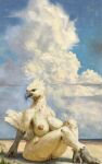  absurd_res anthro avian beach beak big_breasts big_butt breasts butt cloud feathers female hi_res looking_at_viewer nude sea seaside sitting solo upai water white_body white_feathers 