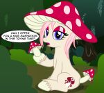  badumsquish blue_eyes cutie_mark english_text equid equine eyeshadow female forest fungus hasbro hi_res hooves horse hybrid looking_at_viewer makeup mammal monster mushroom my_little_pony pink_eyes plant pony red_eyeshadow sitting text tree 