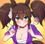  1girl animal_ears blue_eyes blush breasts brown_hair cleavage collarbone commentary_request fang fox_shadow_puppet heart horse_ears horse_girl horse_tail inari_one_(umamusume) japanese_clothes jewelry large_breasts medium_hair necklace sarashi simple_background smile solo spoken_heart tail takiki umamusume 