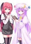  2girls absurdres black_legwear book bow cowboy_shot crescent dress dress_shirt eyebrows_visible_through_hair hat head_wings highres holding holding_book koakuma long_hair long_sleeves looking_at_viewer mob_cap multiple_girls necktie open_mouth patchouli_knowledge purple_eyes purple_hair red_bow red_eyes red_hair reimei_(r758120518) ribbon shirt skirt skirt_set striped thighhighs touhou vertical_stripes very_long_hair vest white_background white_shirt wings zettai_ryouiki 