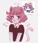  2022 accessory anthro black_clothing black_dress blush clothed clothing domestic_cat dress emote felid feline felis female hair hair_accessory hair_bow hair_ribbon mammal masyunya milsshi purple_hair ribbons simple_background solo vkontakte 