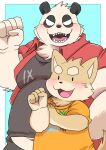  2022 anthro belly big_belly black_nose blush brown_body canid canine canis clothing domestic_dog duo giant_panda hi_res humanoid_hands kemono male mammal navel overweight overweight_male shirokumaou shirt size_difference topwear ursid white_body 