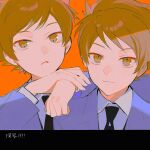  2boys black_necktie blue_jacket frown highres hitachiin_hikaru hitachiin_kaoru jacket long_sleeves looking_at_viewer male_focus multiple_boys necktie nima_(nimamann) orange_background orange_eyes orange_hair ouran_high_school_host_club school_uniform short_hair siblings smile twins 