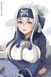  1girl ainu ainu_clothes anchor bandana blue_eyes blue_hair blue_headband breasts cropped_jacket dress folded_ponytail hair_between_eyes headband kamoi_(kancolle) kantai_collection large_breasts lips looking_at_viewer lying multicolored_hair natsume_(natsume_melio) on_stomach open_mouth pelvic_curtain sideboob sidelocks sleeveless sleeveless_dress solo thick_eyebrows thighhighs white_dress white_hair wrist_guards 