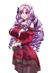  1girl absurdres bangs bare_shoulders black_gloves blush breasts dress drill_hair gloves highres hyakumantenbara_salome large_breasts light_purple_eyes light_purple_hair long_hair looking_at_viewer nijisanji off-shoulder_dress off_shoulder open_mouth parted_bangs red_dress smile solo thighhighs torahime_(roland00) virtual_youtuber 