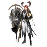  1boy animal_ears antlers arknights ascot belt black_ascot black_belt black_coat black_footwear boots coat czerny_(arknights) deer_antlers deer_ears gloves highres infection_monitor_(arknights) jiuri_jiuhao long_sleeves male_focus monocle official_art open_clothes open_coat pants red_hair sheath sheathed shield shirt solo sword transparent_background weapon white_gloves white_pants white_shirt 