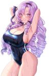  1girl armpits arms_behind_head arms_up bangs bare_shoulders bishooji black_swimsuit blush breasts cleavage collarbone covered_navel drill_hair hairband highleg highleg_swimsuit highres hyakumantenbara_salome large_breasts light_purple_eyes light_purple_hair long_hair looking_at_viewer nijisanji one-piece_swimsuit parted_bangs smile solo swimsuit thighs virtual_youtuber wet 