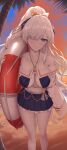  1girl anastasia_(fate) anastasia_(swimsuit_archer)_(fate) bangs bare_shoulders beach bikini blue_bikini blue_eyes blue_skirt blush bow breasts cleavage collarbone fate/grand_order fate_(series) hair_bow hair_over_one_eye highres innertube jewelry large_breasts long_hair long_sleeves looking_at_viewer miniskirt navel necklace ponytail puffy_long_sleeves puffy_sleeves shiroshisu skirt smile solo swimsuit thighs very_long_hair white_hair 