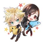  1boy 1girl armor black_hair black_legwear black_skirt blonde_hair blue_eyes brown_footwear brown_hair chibi chocobo cloud_strife detached_sleeves doll dolphin earrings final_fantasy final_fantasy_vii final_fantasy_vii_remake full_body gloves holding holding_doll jewelry long_hair looking_at_viewer low-tied_long_hair mizuamememe open_mouth red_eyes red_footwear shoulder_armor skirt sleeveless sleeveless_turtleneck spiked_hair star_(symbol) starry_background suspenders tank_top thighhighs tifa_lockhart turtleneck white_background white_tank_top zettai_ryouiki 