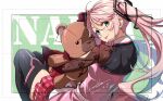  1girl blue_eyes cape dress eiyuu_densetsu hair_ornament hairclip hat holding holding_stuffed_toy kuro_no_kiseki long_sleeves nadia_rayne pink_dress pink_hair red_cape skirt stuffed_animal stuffed_toy teddy_bear thighhighs tongue tongue_out top_hat twintails werkbau 