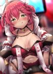  1girl :q ahoge bell blush breasts collarbone crop_top green_eyes hair_ornament hairclip heart heart-shaped_pupils highres hololive hood large_breasts licking_lips midriff navel neck_bell red_hair sakura_miko shiki_(catbox230123) short_shorts shorts solo_focus steaming_body sweat symbol-shaped_pupils thigh_strap tongue tongue_out two_side_up virtual_youtuber 