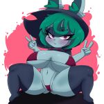  absurd_res big_breasts bikini breasts butt_from_the_front clothing female gesture green_hair hair hi_res league_of_legends legwear rbismut riot_games solo spread_legs spreading swimwear thigh_highs v_sign vex_(lol) video_games yordle 