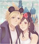  1boy 1girl bare_shoulders black_hair blonde_hair blue_eyes blurry blurry_background breasts brown_hair cleavage cloud_strife couple disneyland earrings final_fantasy final_fantasy_vii final_fantasy_vii_remake jewelry large_breasts long_hair looking_at_viewer mickey_mouse_ears perlmuttt red_eyes shirt spiked_hair tank_top tifa_lockhart upper_body white_shirt white_tank_top 