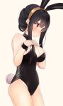  1girl absurdres animal_ears bangs bare_legs bare_shoulders black_hair blush breasts cleavage commentary covered_navel cowboy_shot earrings fake_animal_ears fake_tail gold_hairband hair_ornament hairband highres jewelry large_breasts leotard long_hair pan_(pixiv41343614) playboy_bunny red_eyes ring sidelocks simple_background solo spy_x_family strapless strapless_leotard tail white_background yor_briar 