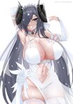  1girl alternate_costume arm_behind_head arm_up armpits august_von_parseval_(azur_lane) azur_lane black_horns breasts center_opening cleavage clothing_cutout covered_nipples curled_horns detached_sleeves dress dress_flower flower hair_over_one_eye highres horns huge_breasts kuroakei long_hair mechanical_horns no_panties purple_eyes purple_hair see-through see-through_dress simple_background solo stomach_cutout thighhighs very_long_hair wedding_dress white_background white_dress white_flower white_legwear 