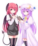  2girls :d absurdres black_legwear book bow crescent demon_tail dress hat head_wings highres holding holding_book koakuma long_hair long_sleeves looking_at_viewer mob_cap multiple_girls necktie open_mouth patchouli_knowledge purple_eyes purple_hair red_eyes red_hair reimei_(r758120518) shirt skirt smile striped tail thighhighs touhou very_long_hair vest white_background white_shirt wings zettai_ryouiki 