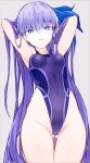  1girl armpits arms_behind_head ass_visible_through_thighs blue_eyes competition_swimsuit covered_navel eyebrows_visible_through_hair fate/extra fate/extra_ccc fate/grand_order fate_(series) hair_ribbon hasai_(mekkan) highres long_hair meltryllis_(fate) navel one-piece_swimsuit parted_lips presenting_armpit purple_hair ribbon simple_background solo swimsuit thigh_gap very_long_hair 
