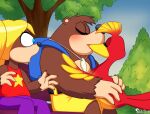  anthro avian backpack banjo-kazooie banjo_(banjo-kazooie) bird female feral group hi_res kazooie kissing male male/female mammal park_bench plant rareware skeletonguys-and-ragdolls tooty tree trio ursid video_games 