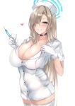 1girl alternate_costume asuna_(blue_archive) bangs black_choker blue_archive blue_eyes blush breasts brown_hair choker cleavage collarbone commentary_request gloves grin hair_over_one_eye halo hands_up hat heart highres holding holding_syringe large_breasts long_hair mole mole_on_breast mutou_mame nurse nurse_cap one_eye_covered short_sleeves simple_background smile solo syringe teeth thighhighs thighs white_background white_gloves white_headwear white_legwear 