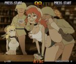  2girls animated animated_gif black_panties blonde_hair choker cuffs fellatio fingerless_gloves fio_germi glasses gloves handcuffs kasamoto_eri kyde leg_up metal_slug multiple_girls oral panties rape red_hair sex sex_from_behind soldier underwear uniform video_game 