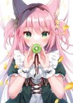  1girl absurdres animal_ears dress food frilled_sleeves frills fruit green_eyes highres irori kiwi_(fruit) long_hair original petals pink_hair puffy_short_sleeves puffy_sleeves short_sleeves two_side_up wolf_ears 