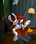  2021 3_fingers 3_toes anthro armchair belly black_eyes carpet chair clenched_teeth detailed_background digital_media_(artwork) feet fingers furniture gun handgun hi_res holding_gun holding_object holding_weapon impiousred inside lagomorph lamp leporid looking_at_viewer male mammal max_(sam_and_max) navel nude pawpads pink_nose pink_pawpads rabbit ranged_weapon revolver sam_and_max shadow sitting smile solo teeth toes toony weapon 