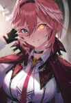  1girl absurdres blurry blurry_background breasts cape fingerless_gloves gloves glowing glowing_eye guchico hair_between_eyes heterochromia highres hololive large_breasts looking_at_viewer necktie portrait pose red_eyes scan short_hair solo takane_lui virtual_youtuber 