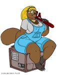  anthro barefoot big_breasts biped blonde_hair breasts brown_body brown_eyes brown_fur cleavage clothed clothing feet female fully_clothed fur gulonine hair half-closed_eyes mammal mustelid musteline narrowed_eyes overalls patra_(vdisco) simple_background sitting slightly_chubby solo thick_thighs tools vdisco white_background wide_hips wolverine wrench 