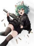  1girl ahoge animal_ears assault_rifle black_choker black_hoodie black_legwear black_shorts bullet cat_ears choker fang girl_dm green_hair gun heart heart_ahoge highres holding holding_gun holding_weapon hood hoodie indie_virtual_youtuber long_sleeves morimori_chikka open_mouth rifle short_hair short_shorts shorts virtual_youtuber weapon yellow_eyes 