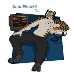  2015 anthro biped blue_eyes clothed clothing digital_media_(artwork) eyebrows featureless_chest felid full-length_portrait fur hi_res longblueclaw male mammal pantherine portrait raised_eyebrow simple_background sitting smile solo striped_body stripes tiger topless 