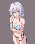  1girl aqua_eyes arm_under_breasts bang_dream! bangs bare_arms bare_shoulders bikini blue_bikini blush breasts cleavage collarbone commentary_request cowboy_shot eyebrows_visible_through_hair from_above grey_background grey_hair hair_between_eyes halter_top halterneck hand_on_own_arm highres kurata_mashiro large_breasts looking_at_viewer looking_up medium_hair navel parted_lips ptal side-tie_bikini simple_background solo standing stomach string_bikini swimsuit water_drop wet wet_hair 