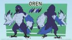  16:9 3_toes 5_fingers anthro avian beak biped bird blue_body blue_eyes blue_feathers corvid corvus_(genus) crow digital_drawing_(artwork) digital_media_(artwork) english_text feathers feet fingers front_view hi_res looking_at_viewer male mendobear model_sheet multicolored_body multicolored_feathers multiple_poses oren_(iciestbrrr) oscine passerine pose rear_view simple_background slightly_chubby solo standing talons text toes widescreen wings 