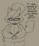  2021 anthro berkthejerk big_breasts breasts canid canine canis clothed clothing cross-popping_vein dialogue english_text eyewear female glasses hi_res huge_breasts looking_at_viewer mammal solo text wolf 