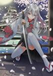  1girl absurdres ahoge animal_ears architecture blurry cherry_blossoms closed_mouth clothing_request commentary_request dual_wielding east_asian_architecture eyebrows_visible_through_hair floral_print full_body geta grey_eyes grey_hair hair_between_eyes highres holding holding_katana holding_sword holding_weapon hololive katana long_sleeves mira_bluesky3 moon night outdoors panties petals pink_hair railing shishiro_botan smile solo squatting sword thighhighs thighs underwear virtual_youtuber weapon white_legwear white_panties wide_sleeves 