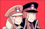  2boys black_coat black_headwear brothers closed_mouth coat collared_shirt emmet_(pokemon) grey_eyes grey_hair hands_on_another&#039;s_shoulders hat high_collar ingo_(pokemon) jaho long_sideburns male_focus multiple_boys necktie peaked_cap pokemon pokemon_(game) pokemon_bw shirt short_hair siblings sideburns smile trench_coat upper_body white_coat white_headwear white_shirt 