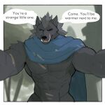  1:1 2022 abs anthro big_muscles blaidd_(elden_ring) blurred_background border canid canine canis cape clothing dialogue elden_ring english_text fromsoftware front_view fur grey_background hi_res holding_character holding_viewer jrjresq looking_at_viewer male mammal muscular muscular_anthro muscular_male nude obliques pecs plant scar simple_background smile solo talking_to_viewer teeth text tree tuft video_games white_border wolf 