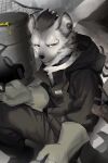  2:3 absurd_res anthro arknights black_body black_fur black_hair black_nose city_crushing clothed clothing collar ear_piercing eyebrow_piercing facial_piercing fur gas_mask gloves grey_body grey_fur hair half-closed_eyes handwear hi_res hyaenid hypergryph looking_at_viewer male mammal mask narrowed_eyes oil_drum piercing shabi96522 solo spot_(arknights) spots spotted_body spotted_fur spotted_hyena studio_montagne video_games weapon 