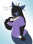  &lt;3 2020 anthro beanie big_breasts black_body black_fur black_hair black_inner_ear blue_body blue_fur boo_(mario) bottomless breasts brown_eyes canid canine clothed clothing container cup dee_(dewwydarts) dewwydarts dialogue female fur hair hat headgear headwear hi_res holding_cup holding_object lucario mammal mario_bros multicolored_body multicolored_fur nintendo open_mouth pok&eacute;mon pok&eacute;mon_(species) purple_clothing purple_shirt purple_topwear shirt simple_background solo spikes spikes_(anatomy) standing thick_thighs tongue tongue_out topwear two_tone_body two_tone_fur video_games wide_hips yellow_sclera 