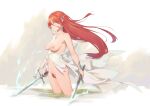  1girl bigrbear breasts closed_mouth dress female_pubic_hair green_eyes hair_between_eyes holding holding_sword holding_weapon jewelry medium_breasts necklace nipples original partially_submerged pubic_hair red_hair red_pubic_hair solo sword torn_clothes torn_dress water weapon white_dress 