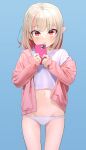  1girl blonde_hair blue_nails cellphone flat_chest highres holding holding_phone light_blue_background long_sleeves looking_at_viewer makaino_ririmu multicolored_hair navel nijisanji no_pants off_shoulder open_clothes panties phone pink_hair pointy_ears red_eyes sabamen shirt simple_background solo streaked_hair underwear virtual_youtuber white_panties 