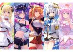  5girls :d absurdres ahoge amane_kanata animal_ears bangs bare_shoulders bibi_(tokoyami_towa) black_choker black_headwear black_jacket black_shorts black_skirt blonde_hair blue_bow blue_bowtie blue_eyes blue_hair bow bowtie bracelet breasts candy_hair_ornament choker closed_mouth colored_inner_hair cowboy_shot crop_top cropped_jacket crown detached_sleeves dragon_horns dress ear_piercing fake_horns food-themed_hair_ornament frilled_skirt frills fur-trimmed_dress fur_trim green_eyes grey_hair grin guchico hair_ornament hair_over_one_eye hairclip halo hand_on_hip heart heart_tattoo heterochromia highres himemori_luna holoforce hololive horn_bow horn_ornament horned_headwear horns index_finger_raised jacket jewelry kiryu_coco large_breasts leg_tattoo long_hair long_sleeves medium_breasts midriff mini_crown multicolored_hair multicolored_nails multiple_girls nail_polish navel navel_piercing off_shoulder one_side_up orange_hair piercing pink_dress pink_hair pink_skirt pointy_ears purple_eyes purple_hair red_legwear red_skirt scan sheep_ears sheep_horns shirt short_hair short_shorts shorts single_thighhigh skirt smile star_halo streaked_hair striped striped_bow tattoo thigh_strap thighhighs tokoyami_towa tsunomaki_watame turtleneck twintails v very_long_hair virtual_youtuber white_dress white_jacket white_shirt 