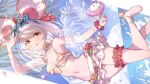  1girl animal_ears anklet bare_shoulders barefoot bikini bikini_aside blush breasts breasts_out cherry_blossoms choker cleavage closed_mouth clothing_aside cloud eyewear_on_head fake_animal_ears fanbox_username flower foot_out_of_frame granblue_fantasy hair_flower hair_ornament hairband highres innertube jacket jewelry leg_garter looking_at_viewer miniskirt mismatched_bikini mouse mouse_ears navel nipples paid_reward_available petals pussy red_eyes scrunchie see-through see-through_jacket shading_eyes short_hair sideways skirt small_breasts smile solo star-shaped_eyewear striped striped_bikini sunglasses swimsuit teeth tongue tongue_out twitter_username upper_teeth vikala_(blooming_summer_wallflower)_(granblue_fantasy) vikala_(granblue_fantasy) water white_hair white_skirt wrist_scrunchie yellowpaint. 