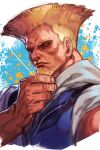  1boy beard blonde_hair blue_eyes closed_mouth facial_hair guile hand_on_own_chin hungry_clicker male_focus muscular muscular_male short_hair solo street_fighter street_fighter_6 upper_body 