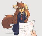  anthro apogee_(tinygaypirate) bottomwear breasts brown_body brown_eyes brown_fur brown_hair canid canine canis clothed clothing digital_media_(artwork) domestic_dog ear_piercing facial_piercing female fur hair hi_res long_hair looking_aside looking_away mammal necktie open_mouth paper piercing school_uniform simple_background smile solo spitz tinygaypirate topwear uniform 