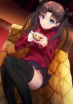  1girl bangs black_legwear black_skirt blue_eyes brown_hair commentary_request couch cup eyebrows_visible_through_hair fate/stay_night fate_(series) hair_ribbon highres holding holding_cup indoors kachin long_hair long_sleeves looking_at_viewer pleated_skirt red_sweater ribbon sitting skirt smile solo sweater tea teacup thighhighs tohsaka_rin twintails two_side_up 