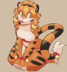  2019 anthro bell_on_tail breasts clothed clothing felid female fur green_eyes hypnobazaar kneeling mammal multicolored_body multicolored_fur orange_body orange_fur pantherine sascha_(hypnofood) simple_background solo stripes tiger tongue tongue_out two_tone_body two_tone_fur white_body white_fur 