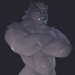  2022 abs anthro big_muscles black_background blaidd_(elden_ring) canid canine canis crossed_arms elden_ring eyebrows fromsoftware fur hi_res jrjresq looking_at_viewer male mammal muscular muscular_anthro muscular_male navel nude pecs scar simple_background solo standing teeth tuft video_games wolf 