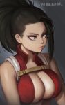  1girl absurdres artist_name bare_shoulders black_eyes boku_no_hero_academia breasts cleavage collarbone high_collar high_ponytail highres large_breasts lips looking_to_the_side medium_hair meekohopanes nose plunging_neckline ponytail red_shirt shirt signature sleeveless sleeveless_shirt solo upper_body yaoyorozu_momo 